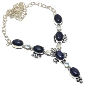 Blue Goldstone Gemstone Silver Plated Chain Necklace Jewelry 18" Gift for Wife - Picture 1 of 1