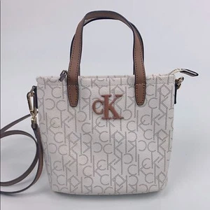 Calvin Klein CK Cream Brown Crossbody Satchel Bag purse Gold hardware Lined - Picture 1 of 15