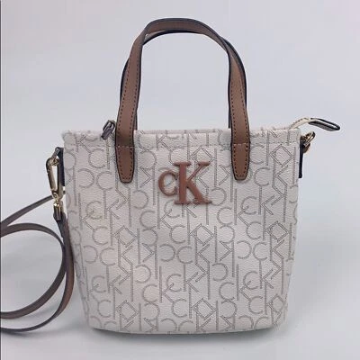 Calvin Klein CK Cream Brown Crossbody Satchel Bag purse Gold hardware Lined - Image 1 of 4