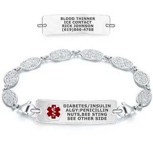 Divoti Medical Alert ID Bracelets Custom Engraved Rect Classic and Filigree Link - Picture 1 of 13