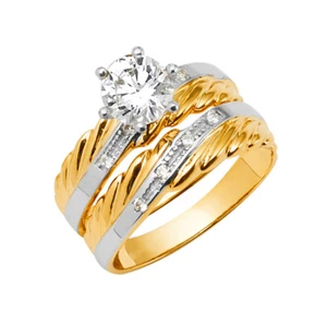 14k Yellow White Real Gold CZ Solitaire His Hers Wedding Trio Set Ring Band - Picture 1 of 2