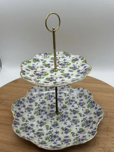 Lefton China Violet Chintz 2 Tiered Serving Tray (Lunch & Bread/Butter Plate) 4 - Picture 1 of 6