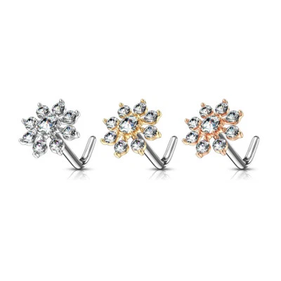 3 Pc Double Tiered CZ Starburst Surgical Steel L Bend Nose Stud Rings 20g - Image 1 of 4