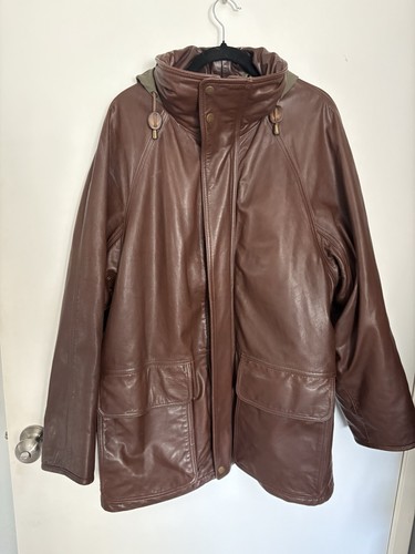 Cappotto parka uomo vintage COACH pelle marrone con cappuccio taglia media grande