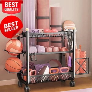 Black 3-Tier Yoga Mat Storage Rack Wheels, Organizer for Dumbbells, Foam Rollers - Picture 1 of 12