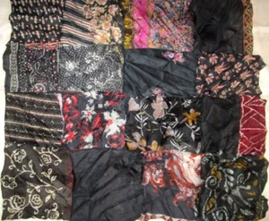 LOT PURE SILK Vintage Sari Fabrics REMNANT 24 pcs 8" SQUARES Black BEAUTY - Picture 1 of 2