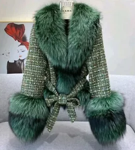Short Jaket Real Fur Green Fox Cuffs Collar And Trim All Sizes Available - Foto 1 di 2