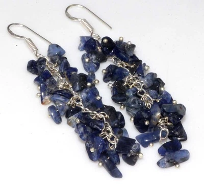 Beaded Grapes Sodalite 925 Silver Plated Earrings 3" Boho Jewelry GW - Image 1 of 3