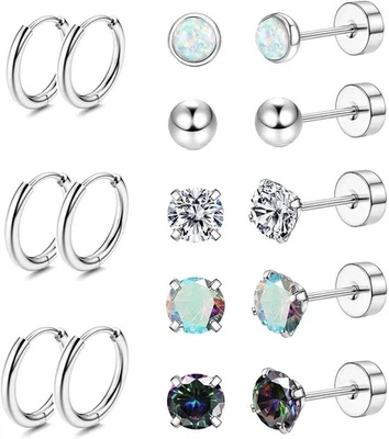 Pendientes de aro hipoalergénicos de acero quirúrgico circonita cúbica ópalo espalda plana mujeres hombres Foto 1 de 4