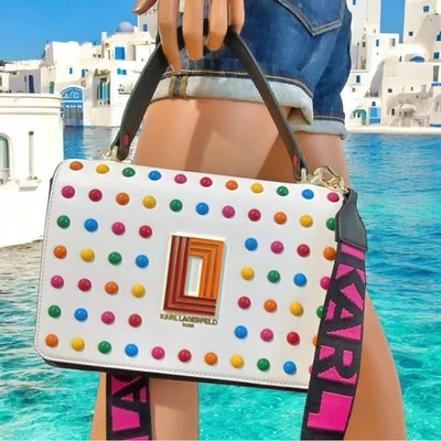 Karl Lagerfeld Paris Simone Cuero Bandolera Multicolor Lunares Cartera Bolso de Mano Nuevo con Etiquetas Foto 1 de 4