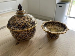 Thai Benjarong Porcelain Jar and Lid AND Pedestal Bowl. - Picture 1 of 4