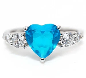 Heart 2CT Blue Topaz & White Topaz 925 Genuine Sterling Silver Ring Sz 7 - Picture 1 of 3