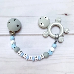Schnullerkette mit Namen Beißkette Beißring Silikon hellblau grau Schildkröte - Bild 1 von 1