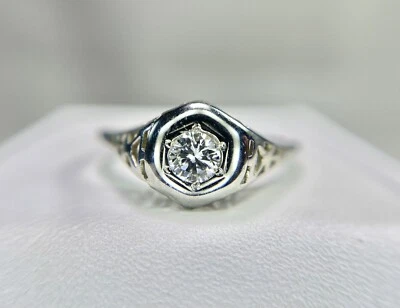 Art Deco 18k White Gold Natural Round Diamond Filigree Solitaire Engagement Ring - Image 1 of 4