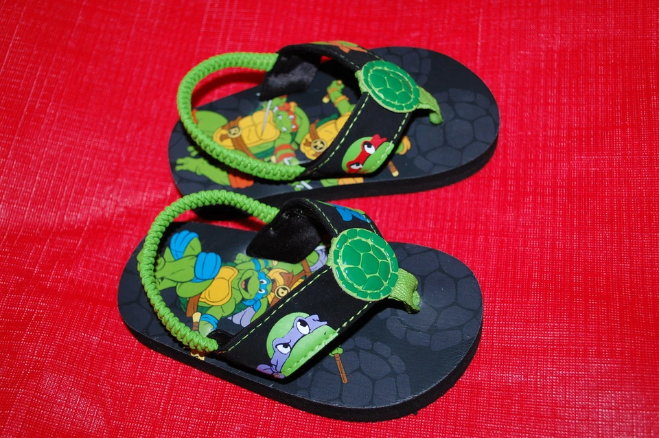 Baby Toddler Boys TMNT NINJA TURTLES FLIP FLOPS / ANKLE STRAP Black Green L 9-10 - Image 1 of 1
