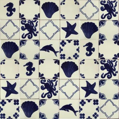 Wall Tiles Navy Blue and White Mexican Tiles Pack of 30pcs 10,5x10,5cm -Mariscos - Image 1 of 4