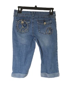 Bongo Girls Jeans Size 14 with peace signs flap pockets Capri Waist 26.5" - Picture 1 of 8