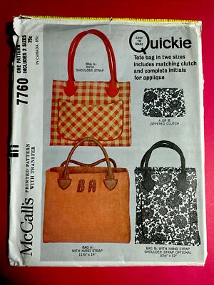 Rare UNCUT McCall’s 7760 Tote Bag Clutch Purse Bag Alphabet Iron On Transfers  - Image 1 of 2
