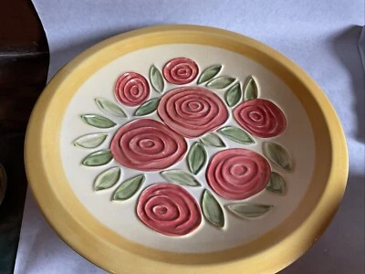 Vintage Achla Bird Bath Ceramic Yellow Red Roses 15” - Image 1 of 4