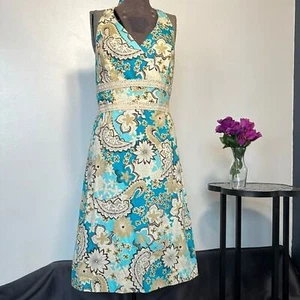 Dorby Vintage Floral Patterned Halterneck Cotton Dress Tan Blue Teal Size 10 - Picture 1 of 7