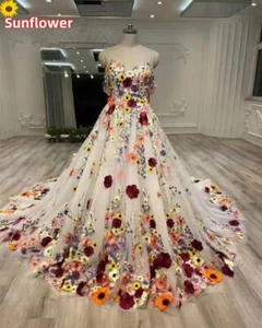 Off The Shoulder 3D Flowers Wedding Dresses Sleeveless Tulle A-Line Bridal Gowns - Picture 1 of 7