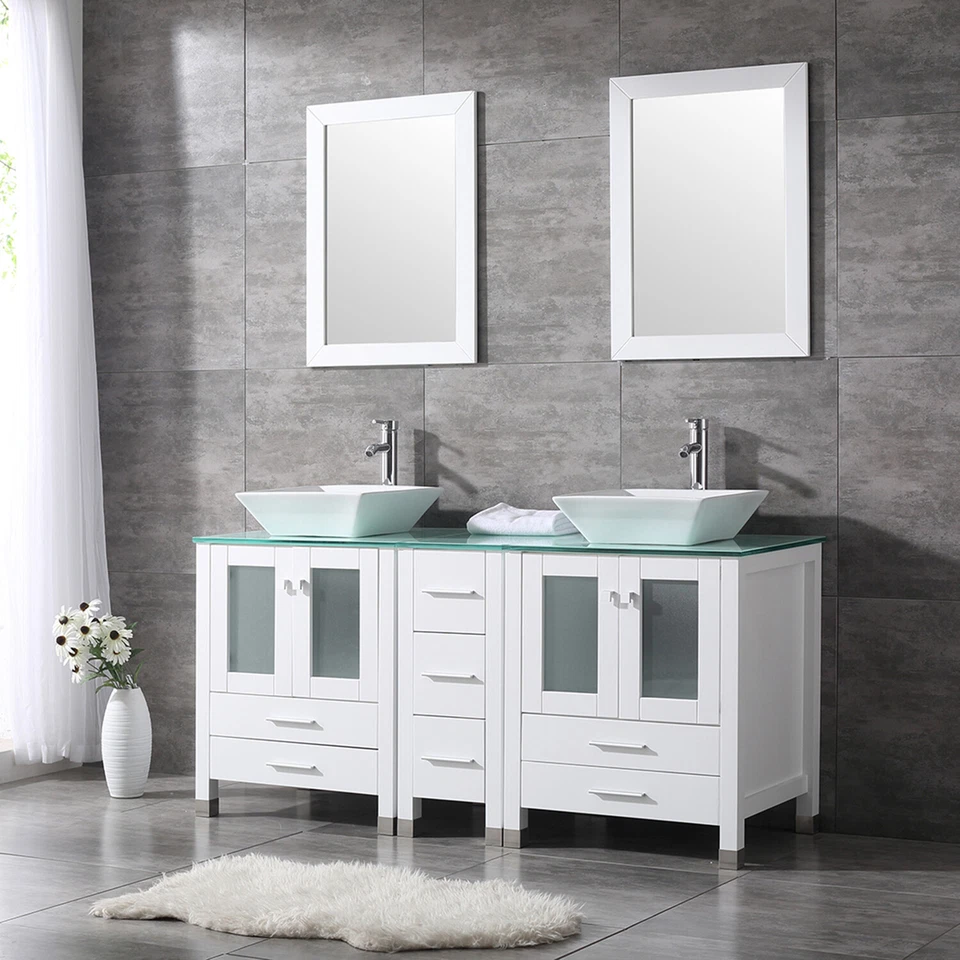 36"" White Bathroom Vanity Cabinet Top Ceramic Vessel Sink w/Faucet Drain Mirror