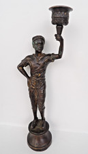 ANTIQUE cast SCULPTURE bronze CANDLESTICK young man HOLDING TORCH olympic runner