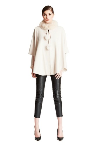 OFF WHITE Mantello Cashmere 3 Strati Cashmere Spessore con Pelliccia di Volpe Bordo Cappotto per Poncho Invernale