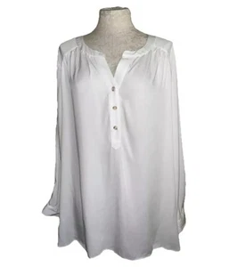 NWT! Rose + Olive Blouse! Plus Size 2X! White Henley Long Sleeve Tunic Roll Tab - Picture 1 of 14