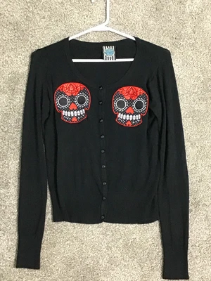Too Fast Black cardigan Embroidered Sugar Skulls Sweater - EUC  - Image 1 of 4
