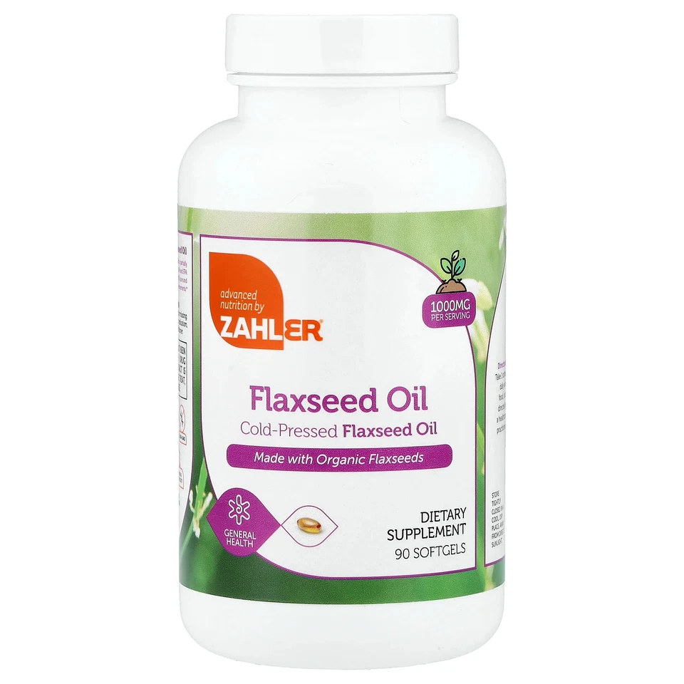 Pure Flaxseed Oil 1000mg Omega 3 Organic Cold Pressed Flax Seed Zahler 90softgel