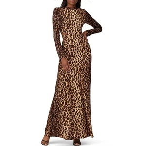 A.L.C. Leopard Long Sleeve Gown Brown Size 4 Silk Maxi Dress Cutout Waist $895 - Picture 1 of 11