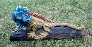 LARGE 20” Hand Painted Iguana Lizard Resin On Real Wood Base Statute Sculpture - Picture 1 of 22