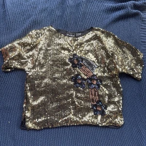 Jewel Queen 100% Silk Top Gold Blue Black Sequin Size L Wedding Party Vintage 80 - Picture 1 of 6