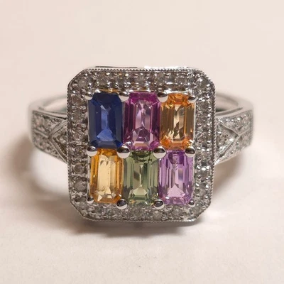 Samuel B. Emerald Cut Multi Sapphire & Diamond 14k White Gold Ring Size 9 - Image 1 of 4