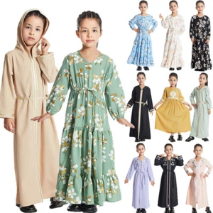 Modest Muslim Kids Girls Long Dress Abaya Islamic Kaftan Abaya Child Robe Arab - Picture 1 of 120