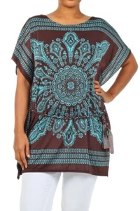 New Womens PLUS SIZE ONE SIZE BROWN TURQUOISE DOLMAN BOHO PAISLEY SHIRT TUNIC OS - Picture 1 of 5