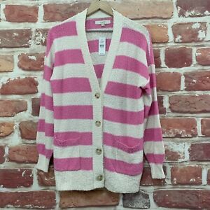 Ann Taylor Loft Cardigan Womens Small Pink Striped Knotty Boucle Knit Sweater