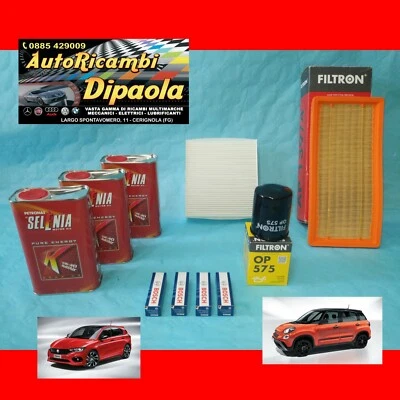 KIT TAGLIANDO + 4 CANDELE FIAT 500L TIPO 1.4 BENZINA 70 KW 95 CV SELENIA K 5W40