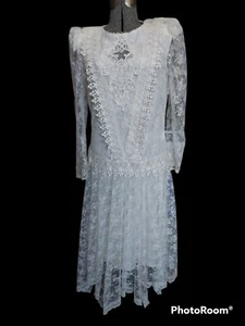 Vtg Scott McClintock Lace Drop Waist Kerchief Midi Dress Wedding Prom Size 8 - Picture 1 of 11