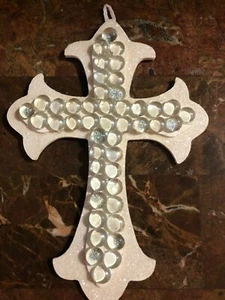 * Cross Wall Hanging 11" Wood Stones Glitter Christmas Tree Wreath Easter - Picture 1 of 8