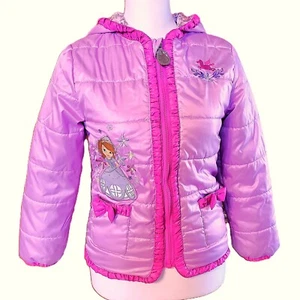 Disney Store Sofia The First Purple Pink Hooded Winter Coat Puffer Jacket Sz 7/8 - Picture 1 of 10