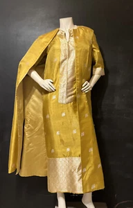 Vintage Swee Lo 60s Couture Indian Silk Ensemble MOD Gold Tunic and Vest Saree - Picture 1 of 12