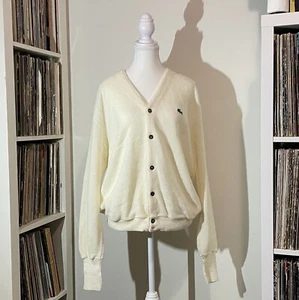 Vintage 80’s Lacoste Izod Gator Patch Ivory Knit Golf Cardigan Sweater Unisex XL - Picture 1 of 9