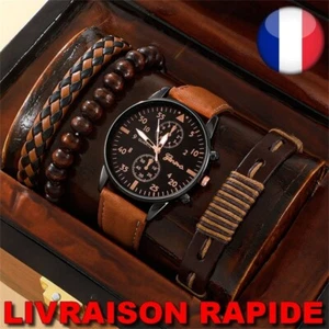GENEVA Watch + 3 Brown Leather Quartz Bracelets Men's Jewelry Accessories Set - Picture 1 of 2