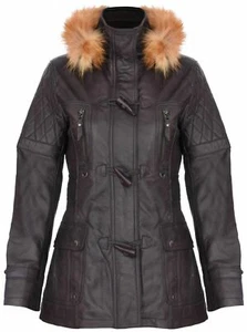 Para mujeres Chaqueta Parka de Cuero Marrón Acolchada Desmontable Con Capucha Chaqueta de Trinchera Abrigo - Imagen 1 de 5