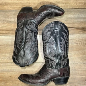 JUSTIN Lizard Skin Leather Cowboy Western Black Maroon Cherry Boots Sz 9 D #158 - Picture 1 of 9