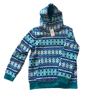 NWT Lands’ End Kids Sherpa Hoodie Pullover Size Large 10-12 Blue Chevron Youth - Picture 1 of 5