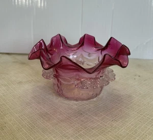 Antique Victorian Small Cranberry Glass Ruffled Crimped Bowl (with Chip) - Picture 1 of 4