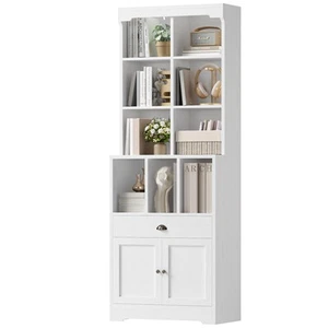 White 80” Tall Bookcase with Storage, Bookshelf with Drawer and Cabinet, Deep... - Picture 1 of 7